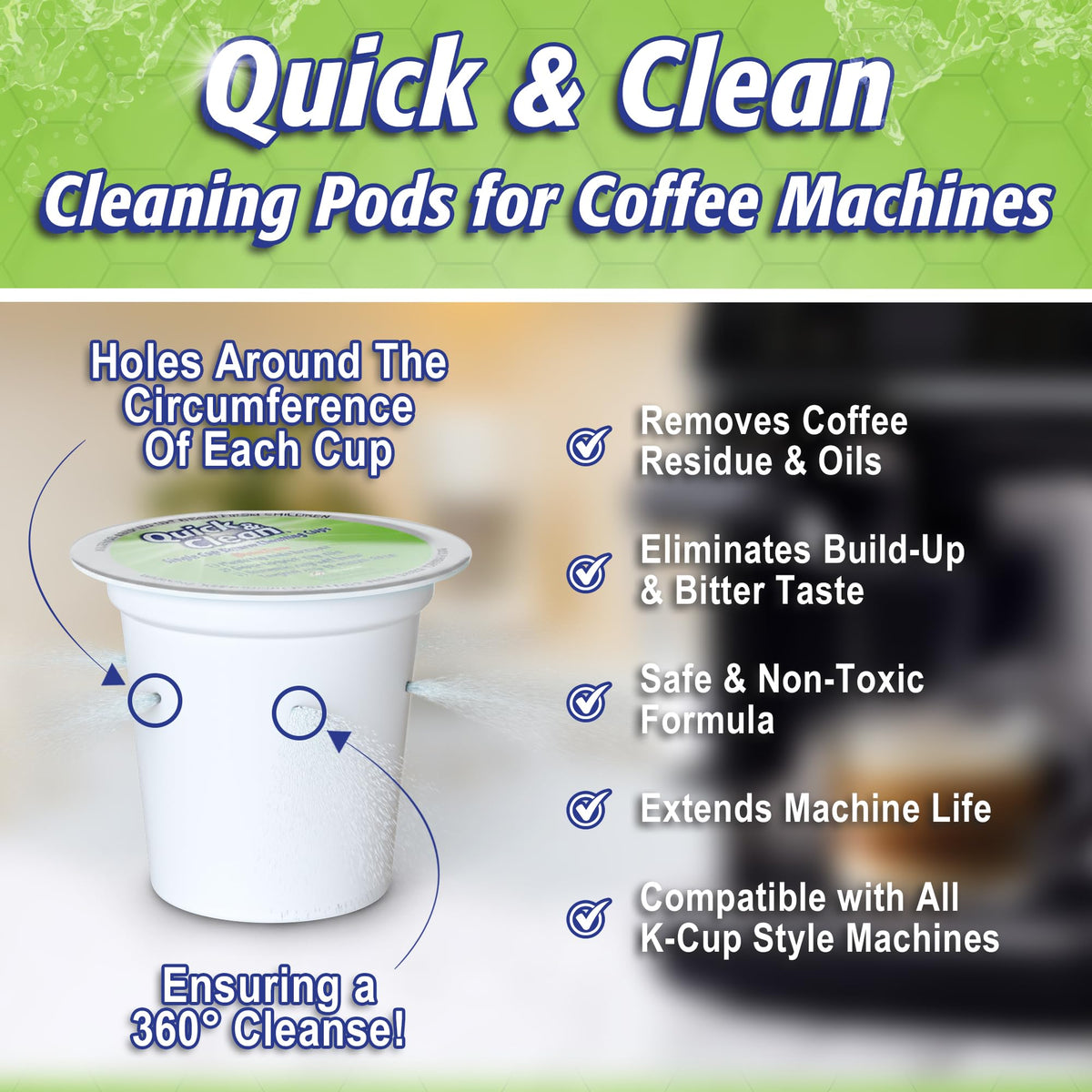 Quick & Clean K-Cup cleaner pod safe-use highlights non-toxic eco-friendly formula.