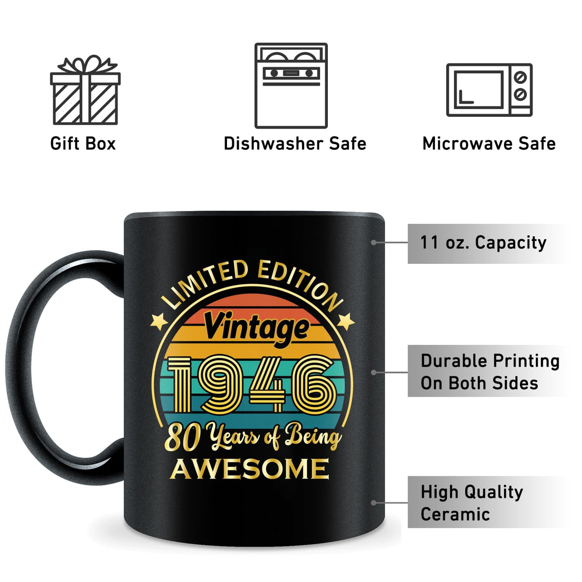 QUPT 80th birthday mug handle-side detail for comfortable grip