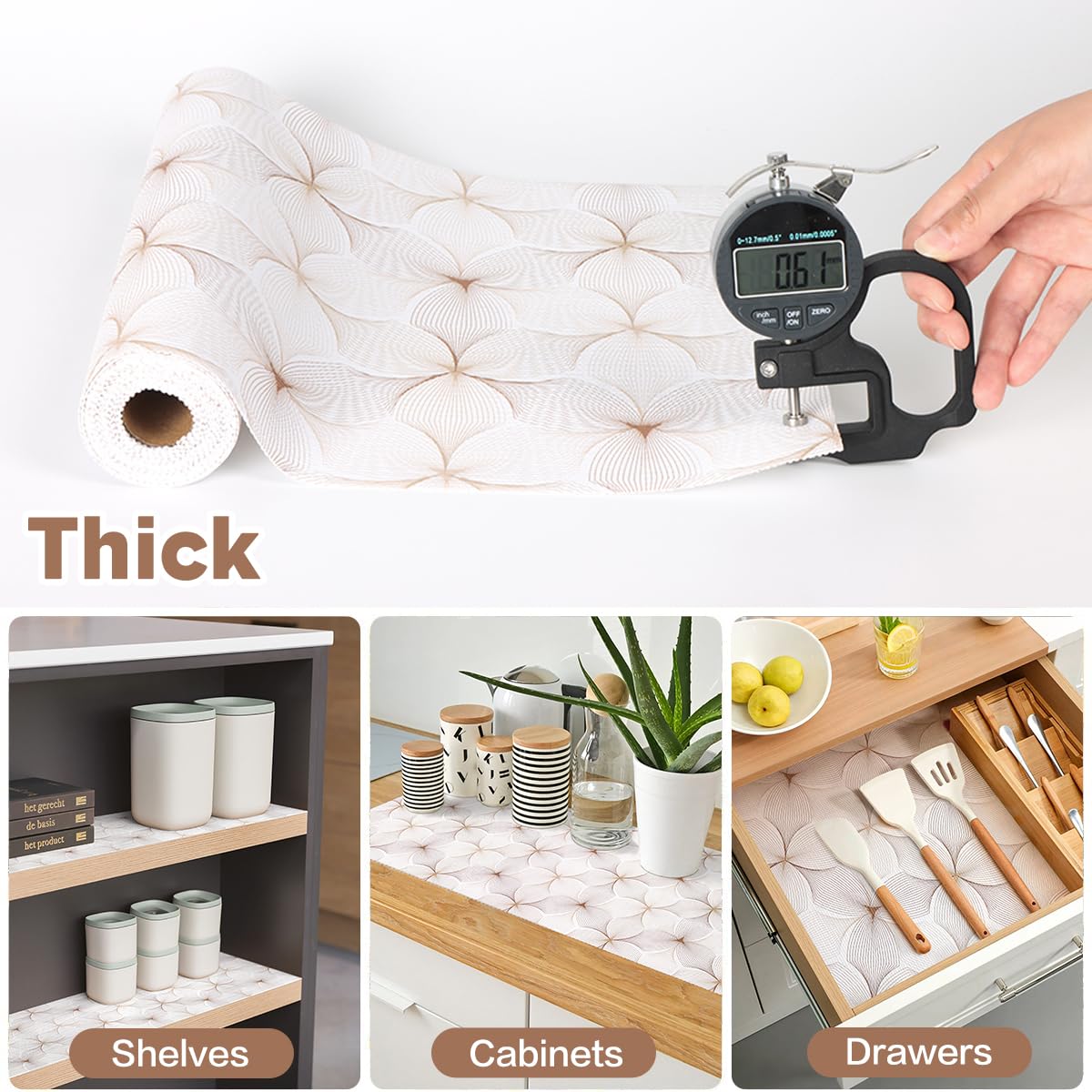Quttisay non-adhesive cabinet liner cleanly fits shelves without residue.