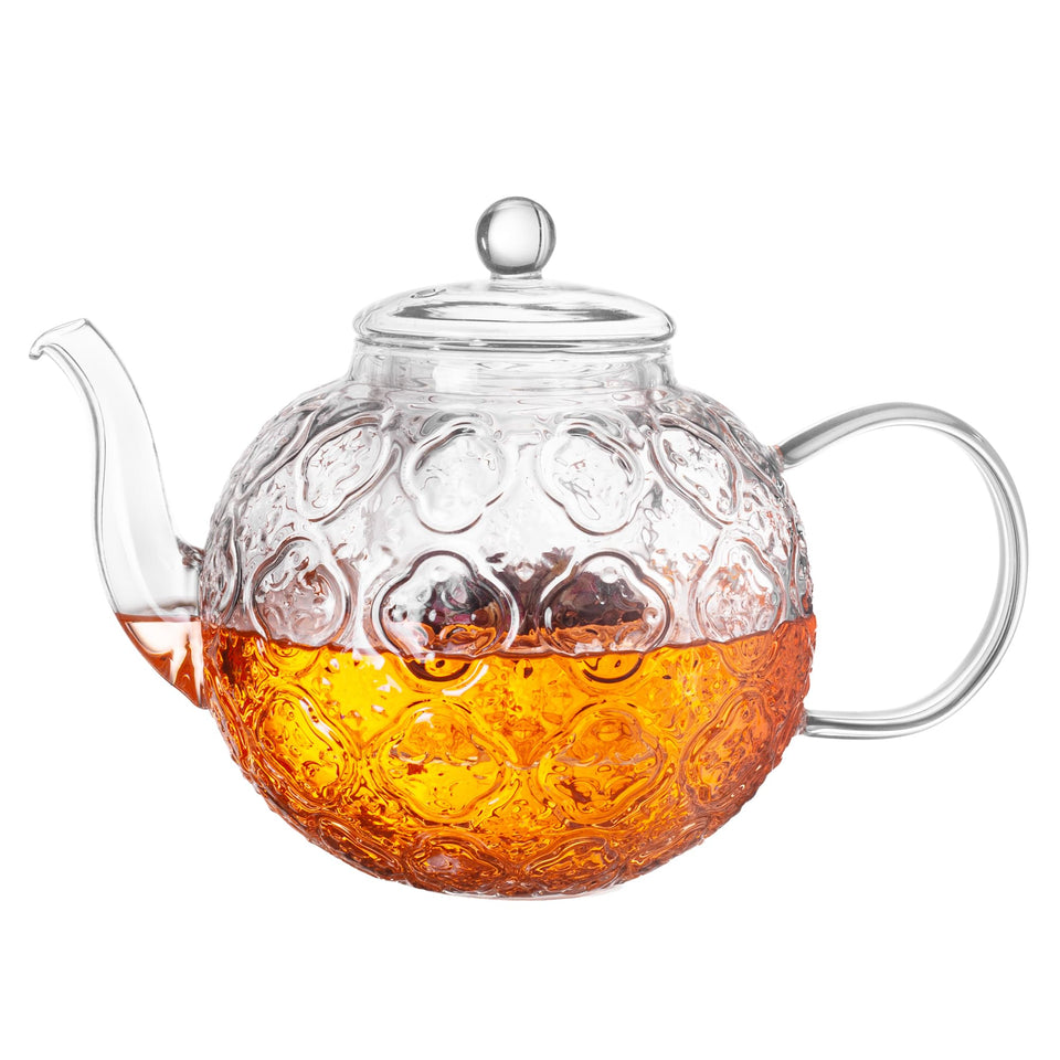 QWEZXO glass teapot with removable infuser showcases 1500ml capacity for blooming teas.