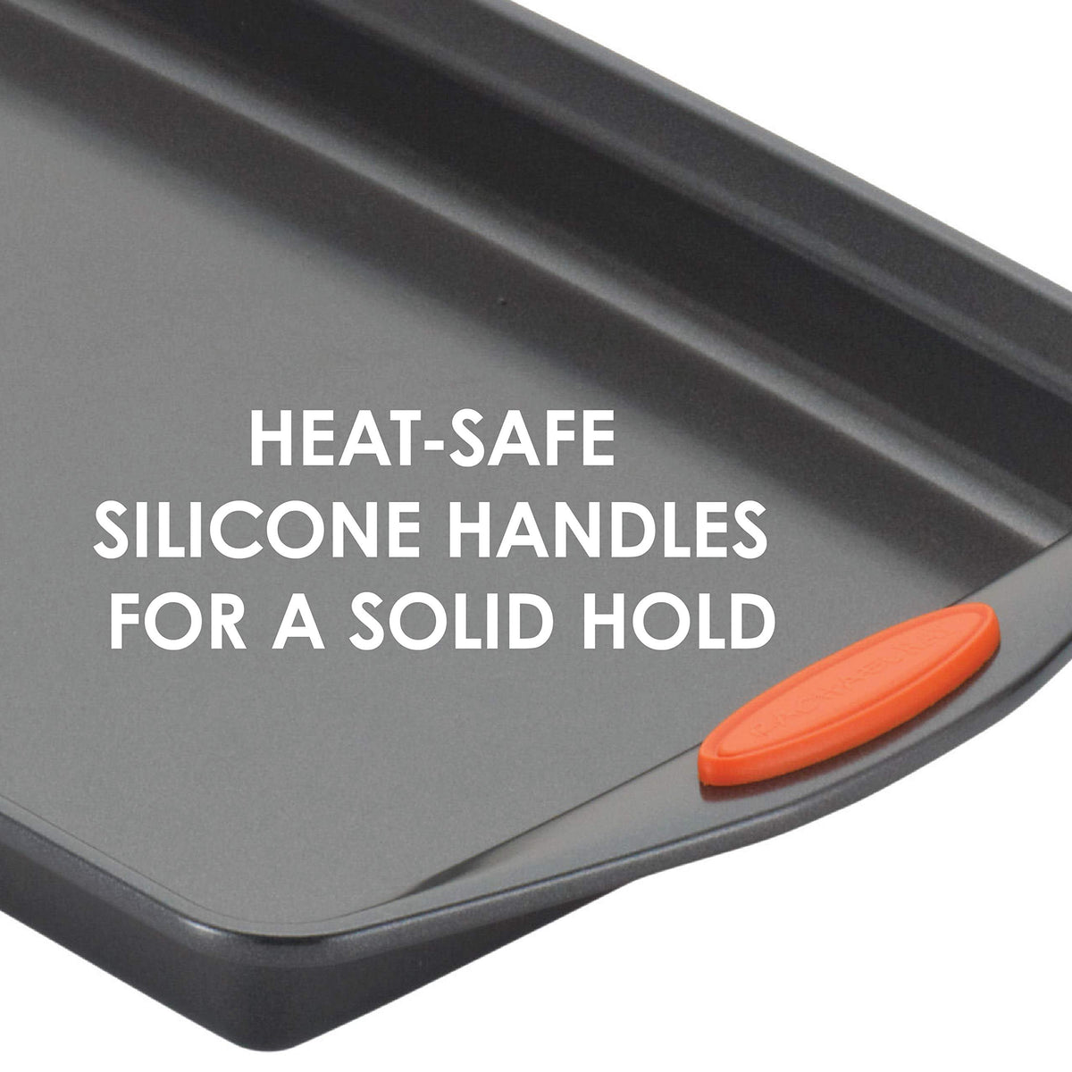 Rachael Ray Yum-o pan close-up showing grippy handles for confident use.