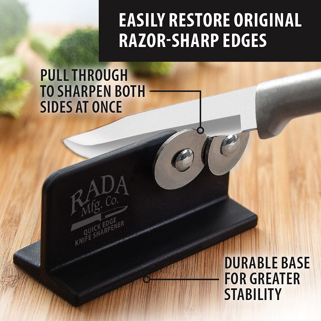 Rada Quick Edge Knife Sharpener with stainless steel wheels for precise sharpening of straight blades.