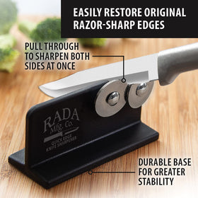 Rada Quick Edge Knife Sharpener with stainless steel wheels for precise sharpening of straight blades.