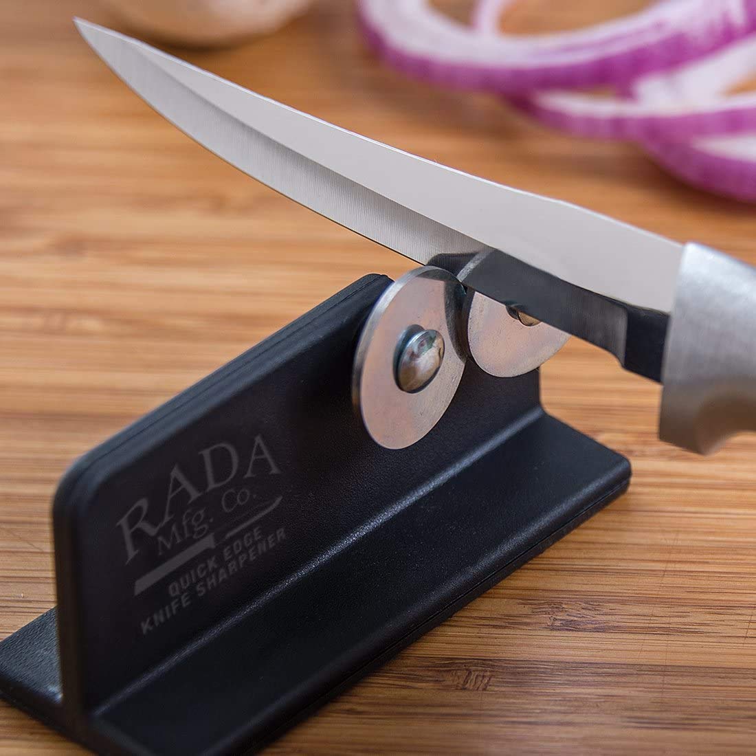Rada Quick Edge Knife Sharpener sits on a durable nylon base for stable sharpening.