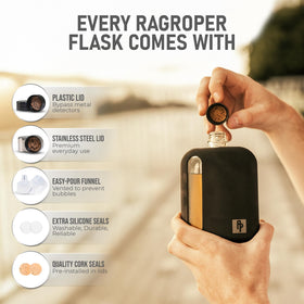 Ragproper glass hip flask gift set with funnel, caps, and seals ready to use.