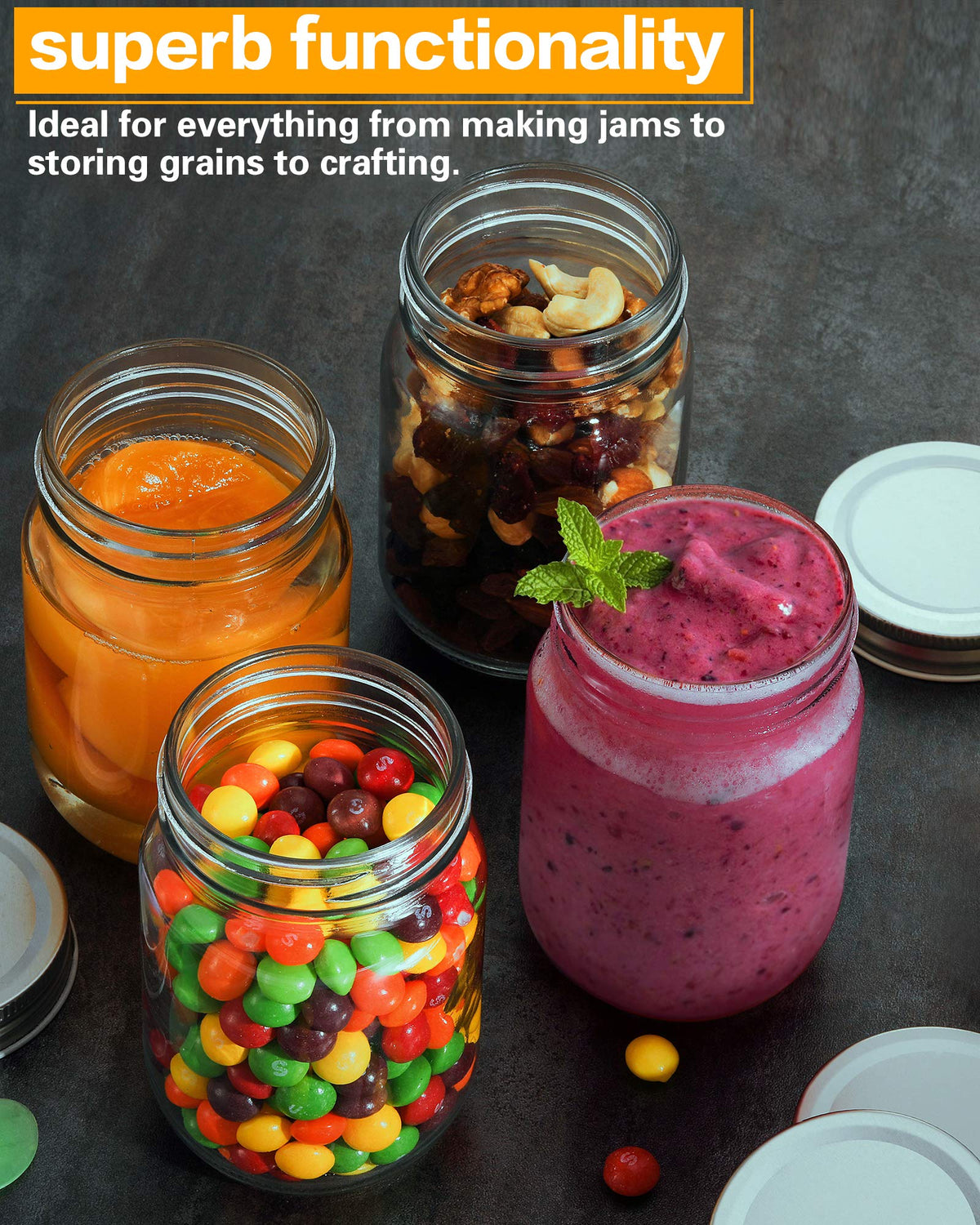 Rainforce glass jars are food-safe and dishwasher friendly.