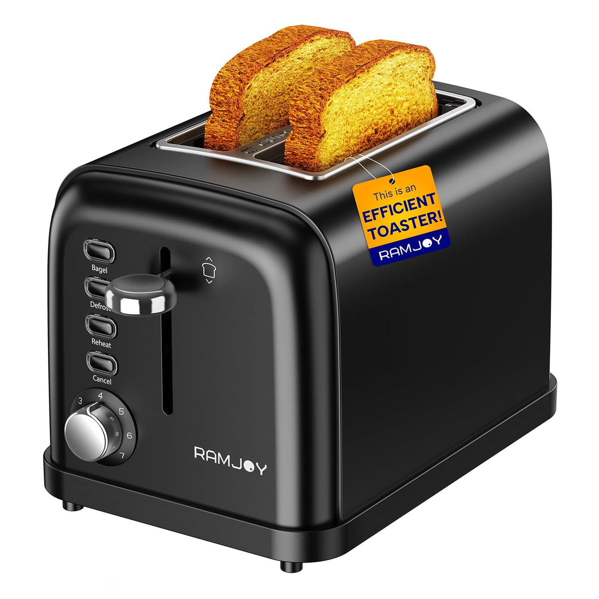 RAMJOY Black Toaster exterior with sleek stainless steel for stylish daily toasting.