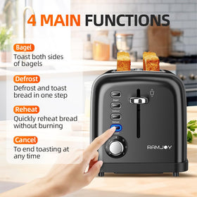 RAMJOY four functions Bagel, Defrost, Reheat, Cancel for versatile breakfasts.