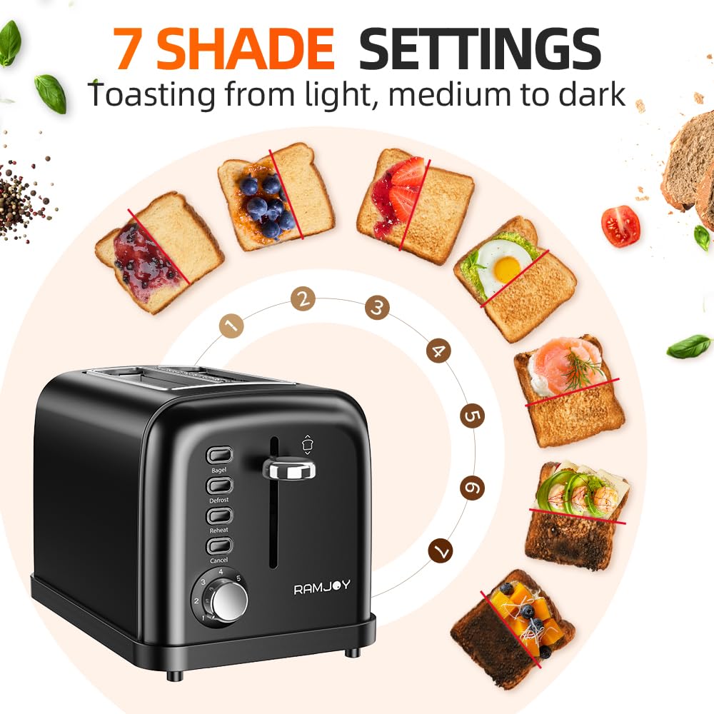 RAMJOY Toaster 7 shade settings image demonstrates precise browning control for perfect toast