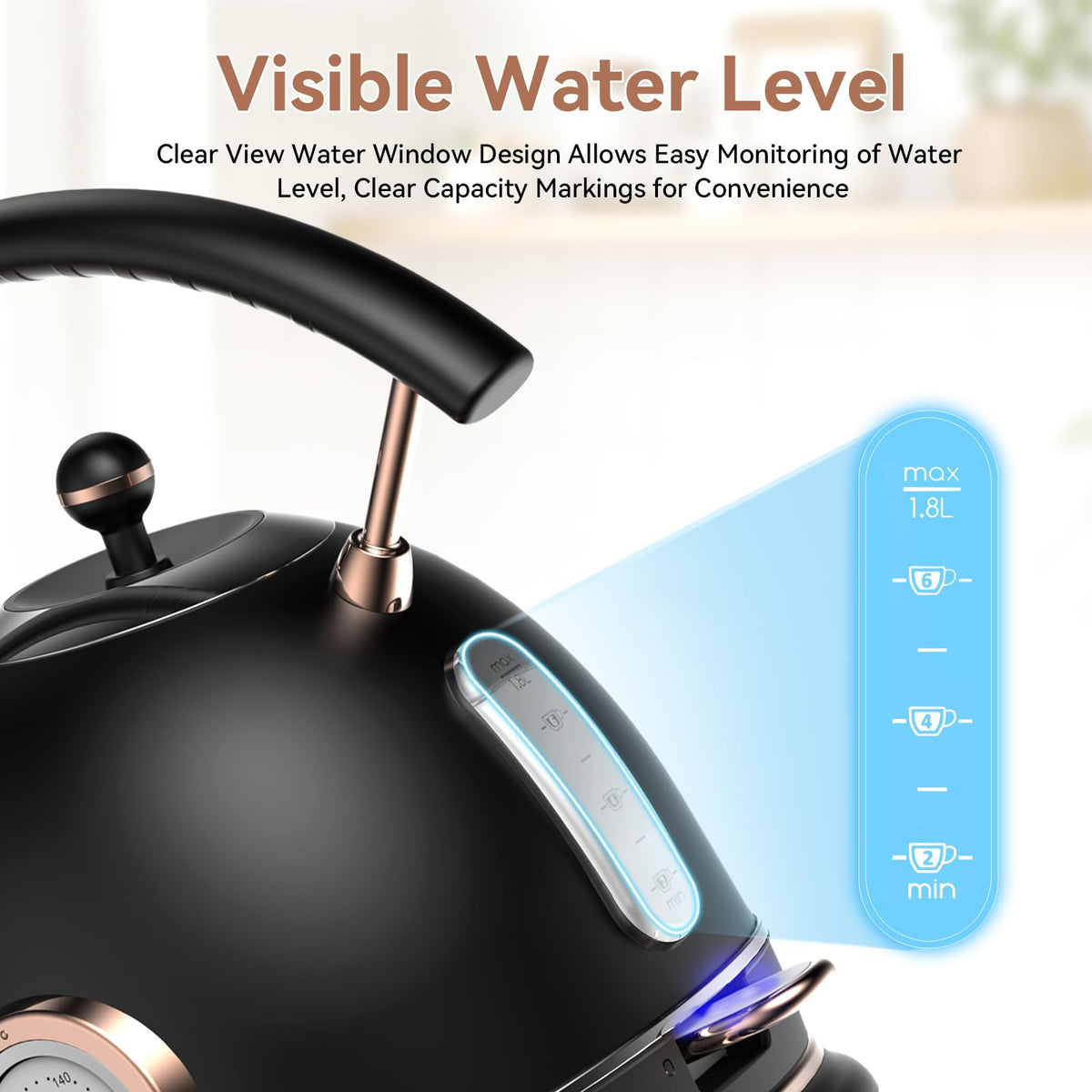 Rasonic kettle gauge close-up highlighting the clear temperature gauge for precise brewing.