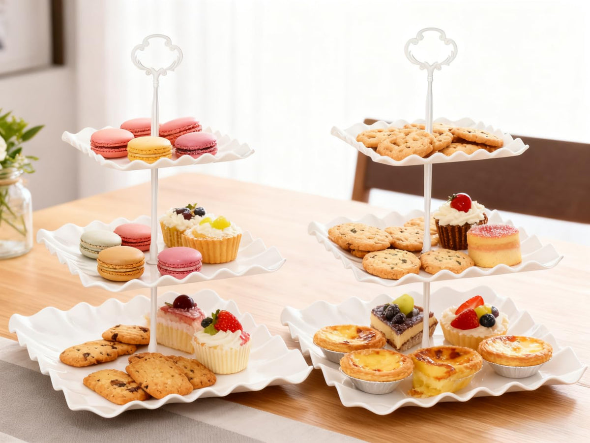 RAUVOLFIA two pack white stands suit any dessert table setup.