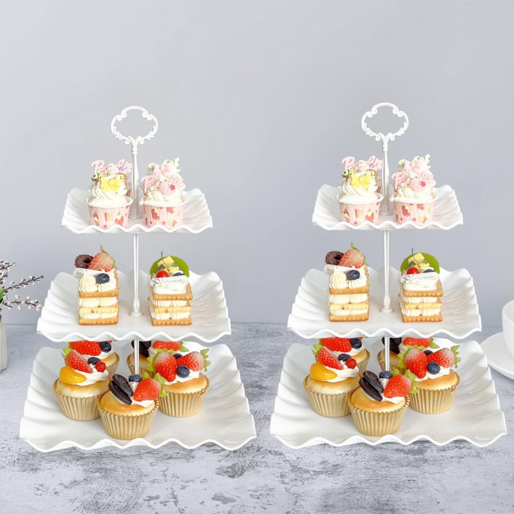 RAUVOLFIA three tier tray holds cupcakes, cookies, and candies neatly.