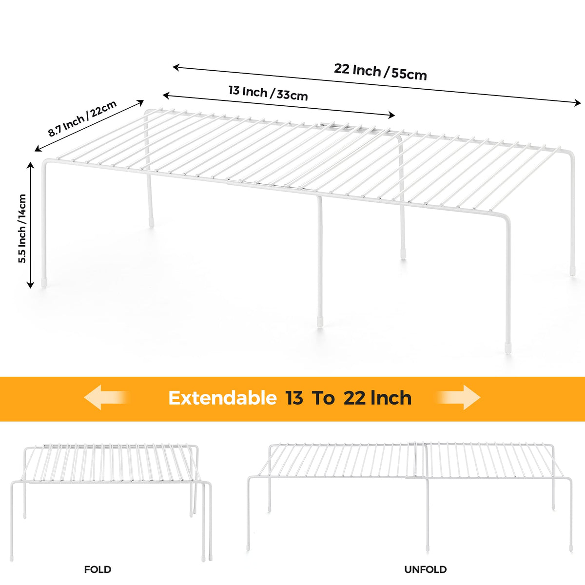 Ravinte expandable cabinet shelf adjusts from 13 to 22 inches for flexible fitting.