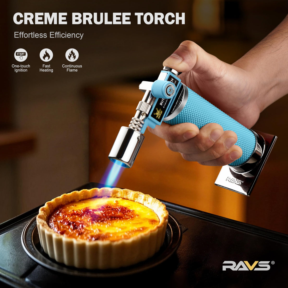 RAVS torch blue ergonomic-handle design stays cool for comfortable long-use