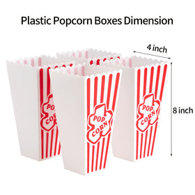 RAYMEA popcorn containers with kids enjoying snacks, red and white stripes.