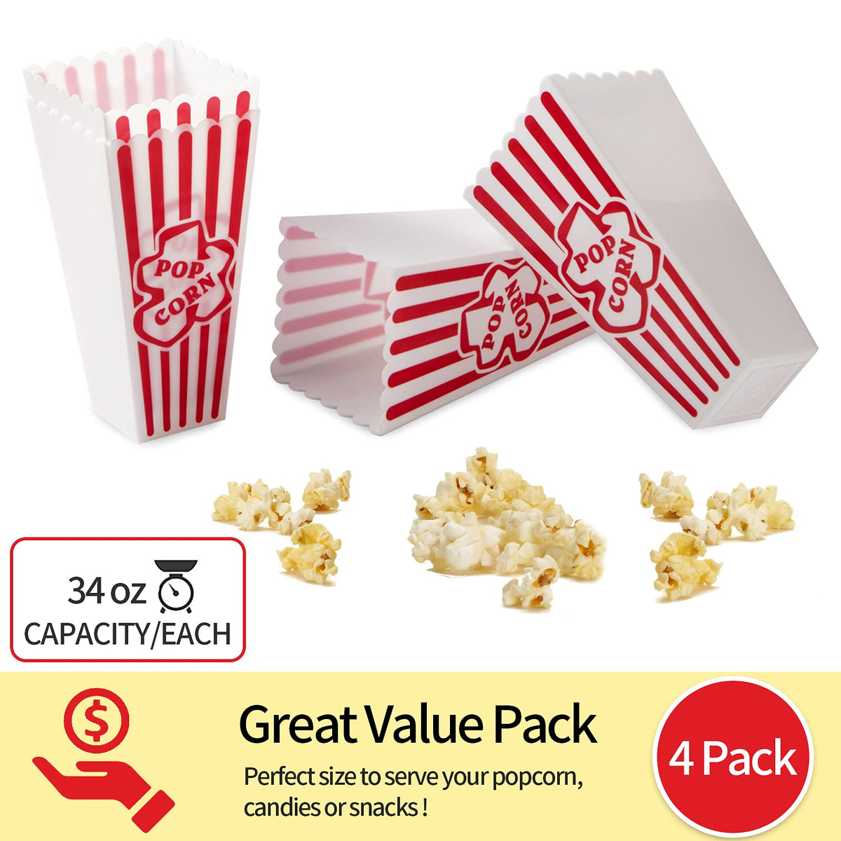 RAYMEA popcorn containers on table, 4x8 setup for movie night snacks.