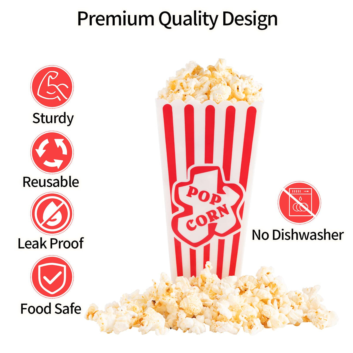 RAYMEA popcorn containers side view, sturdy and easy to clean for gatherings.
