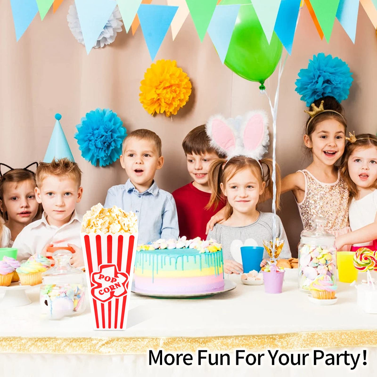 RAYMEA popcorn containers stacked, ideal for party setups and gift baskets.