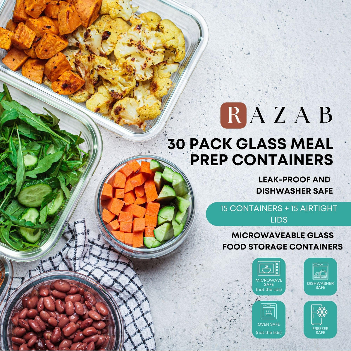 Razab 30pc square 160ml glass container with lid for snacks.