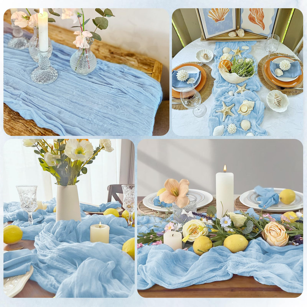 RealBox baby blue cheesecloth table runner backdrop drape with soft glow