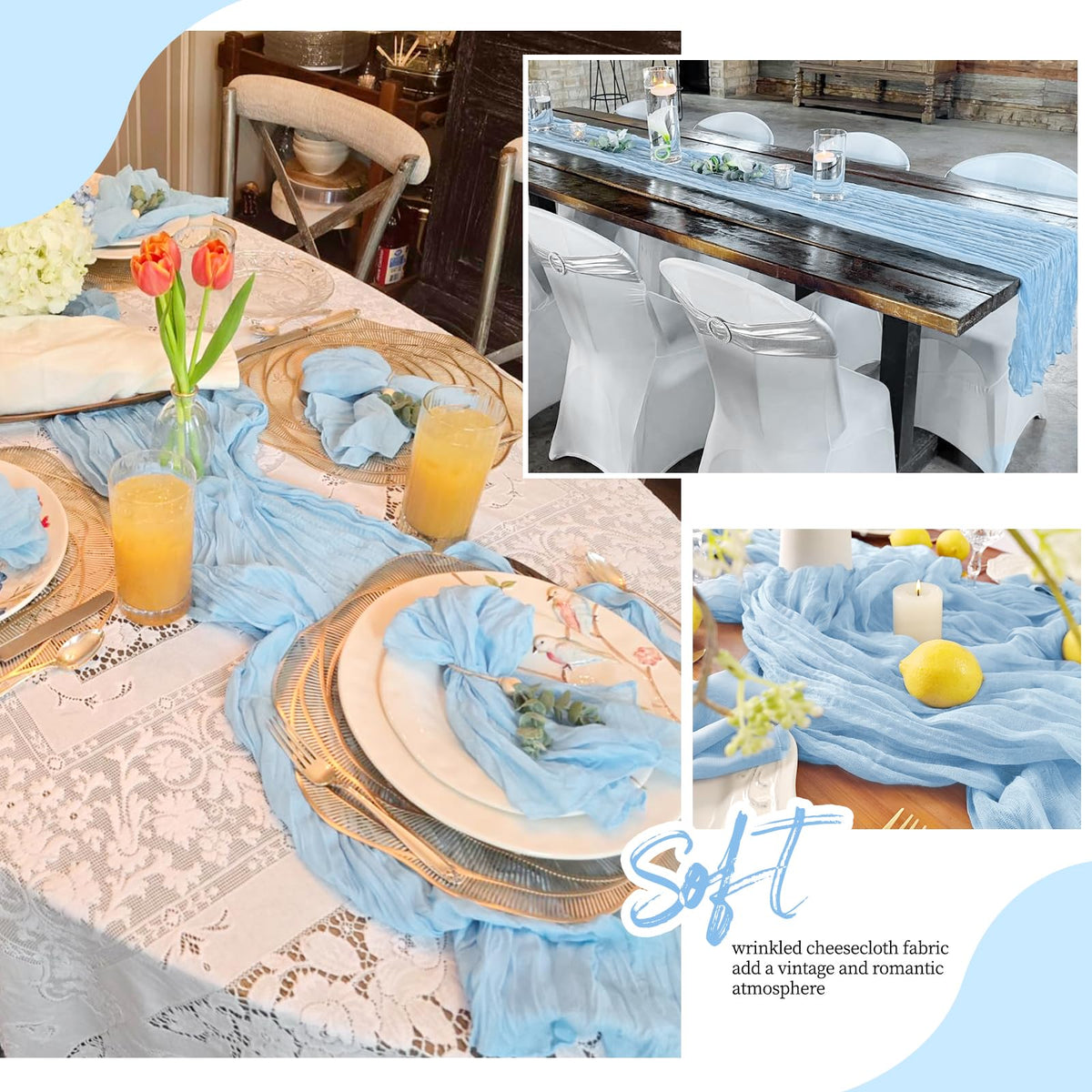 RealBox baby blue cheesecloth table runner chair sash pairing elevates decor