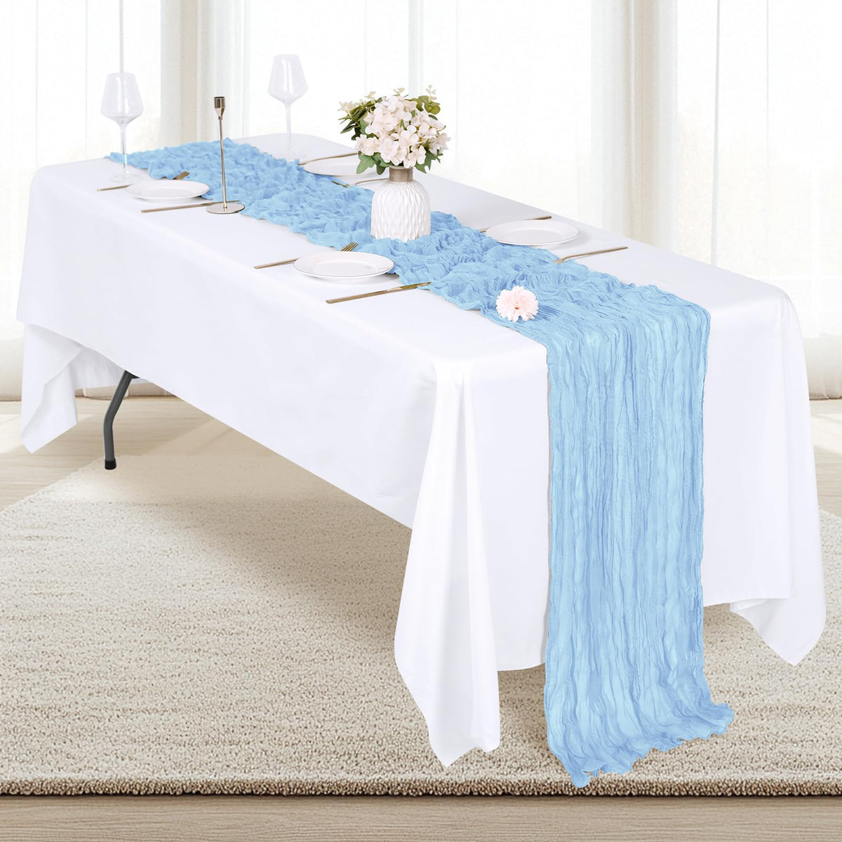 RealBox baby blue cheesecloth table runner wedding decor adds rustic charm