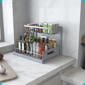 REALINN two-tier shelf pulled out to reveal bottom storage area