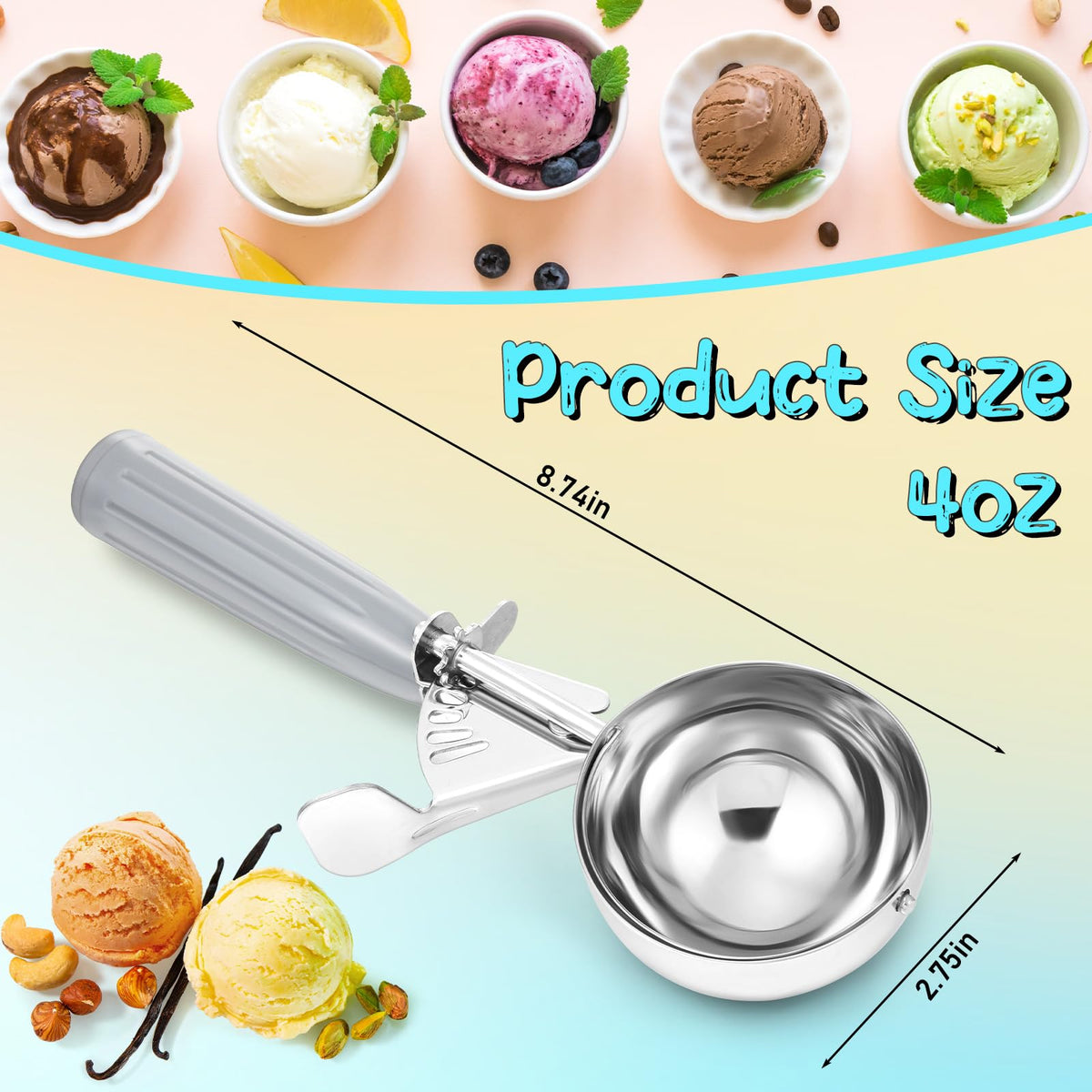 Stainless steel scoop with trigger release for smooth dough release.