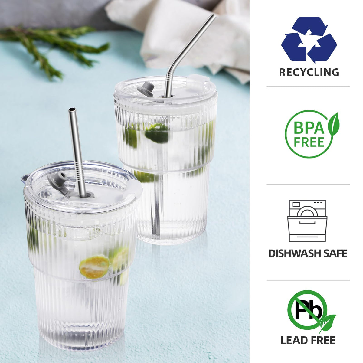 RÉΑLWÁY iced coffee cups 2-set 16oz with straws for easy sipping.
