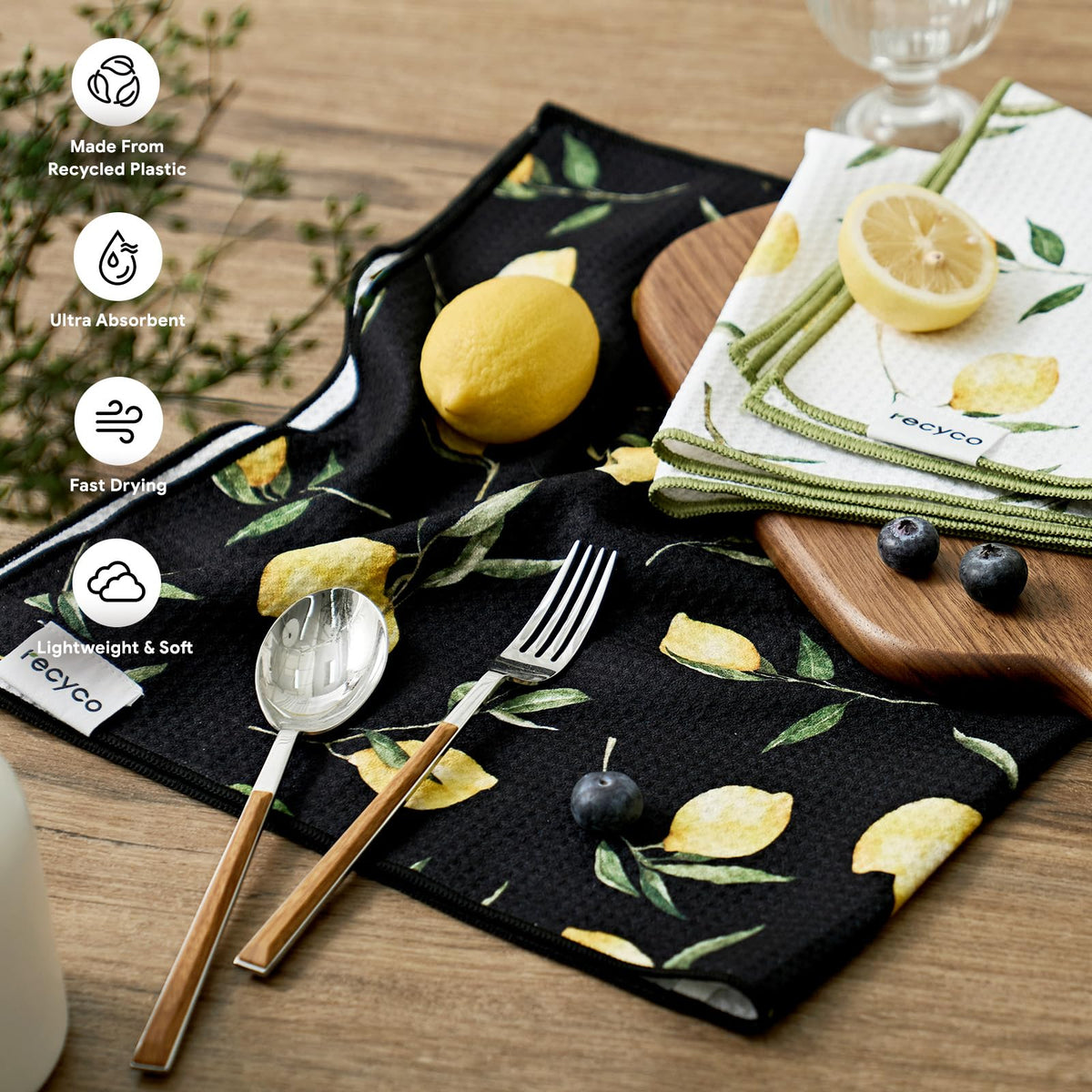 RECYCO waffle towel close-up showing high absorbency for spills and tasks.