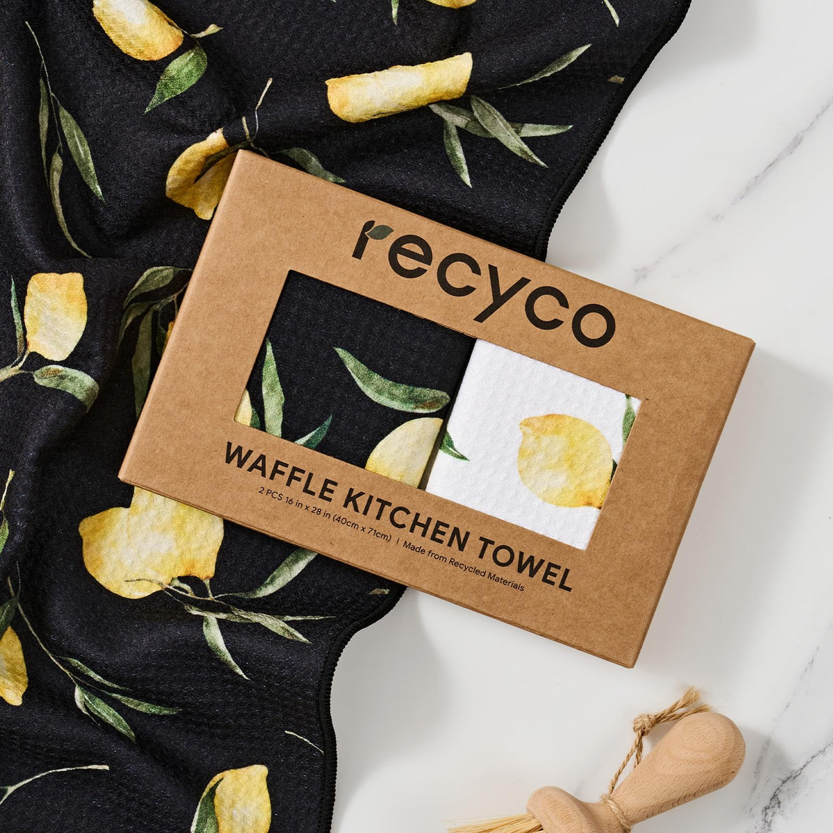 RECYCO waffle towel hanging loop feature for easy storage and organization.