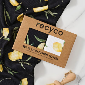 RECYCO waffle towel hanging loop feature for easy storage and organization.