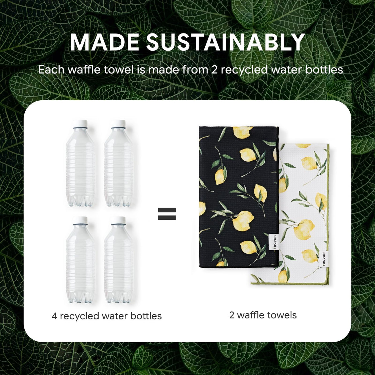 RECYCO waffle towel crafted from recycled bottles, eco-friendly kitchen essential.