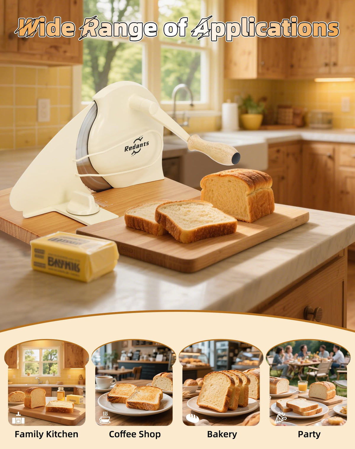 Redants cream slicer in use for thick toast or deli-style slices