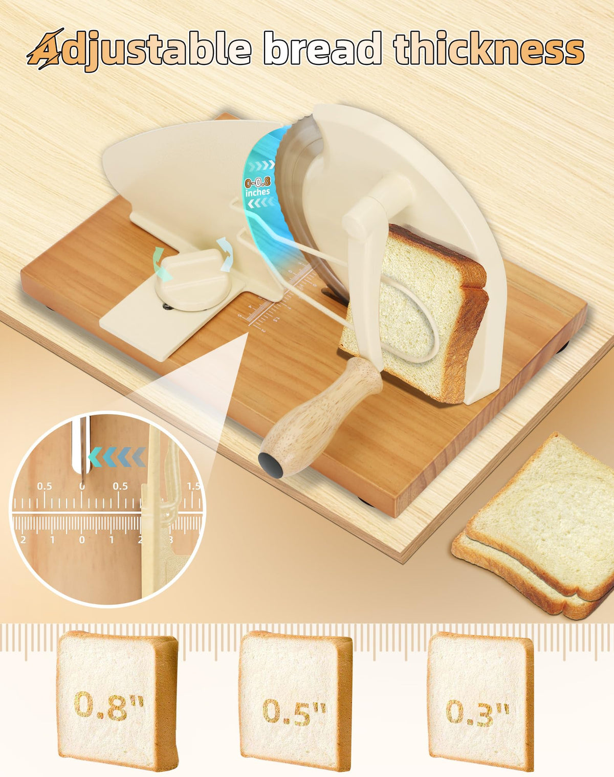Redants manual bread slicer cream dial adjustment detail for uniform thickness control