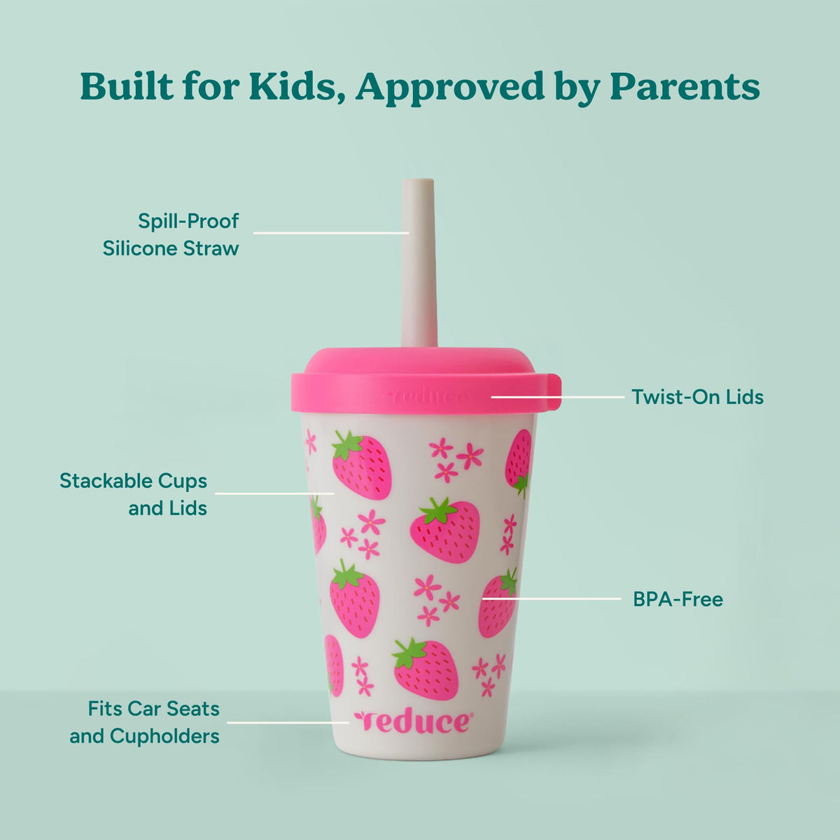 REDUCE GoGo's lids twist-on secure sipping during travels and car rides.