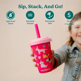 REDUCE GoGo's stackable 12 oz tumbler saves cabinet space for busy families.