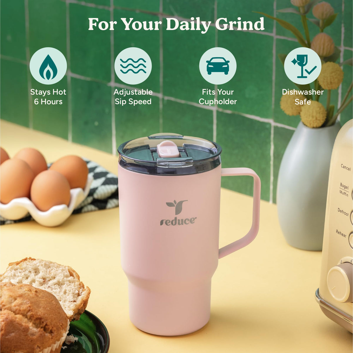 REDUCE Hot1 dual-wall vacuum mug preserves heat with no outside condensation.