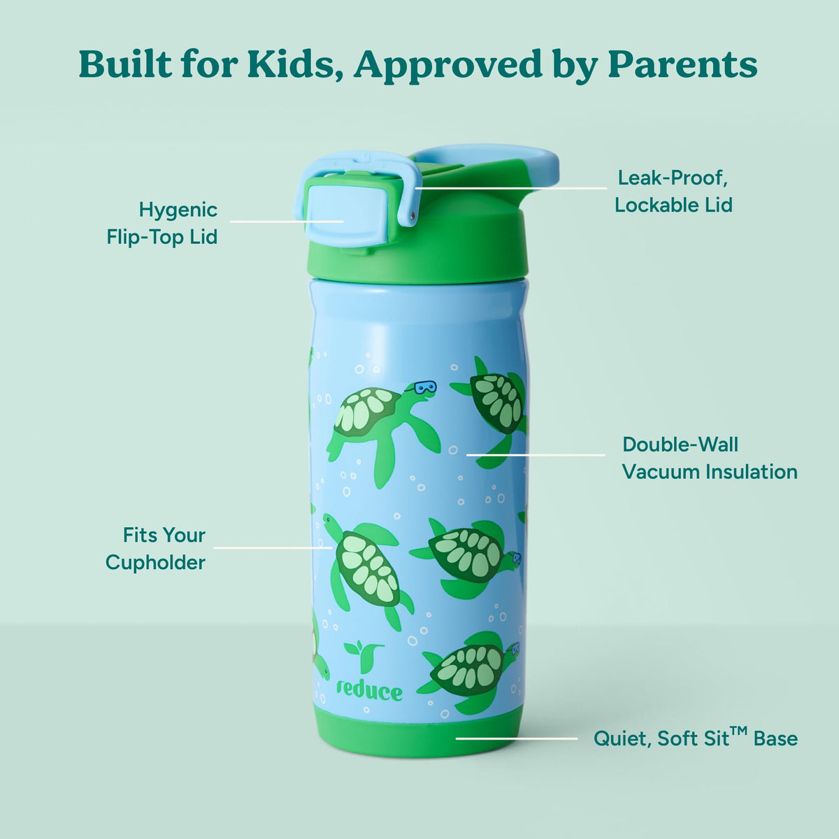 REDUCE Hydrate Pro Kids 14oz bottle straw view emphasizes easy sip for kids.