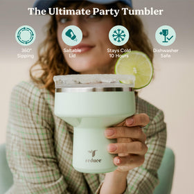 REDUCE Saltini 16oz tumbler with 360 lid close-up showing spill-free sipping