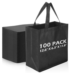 Reginary black non-woven tote bags, stackable for bulk event use.