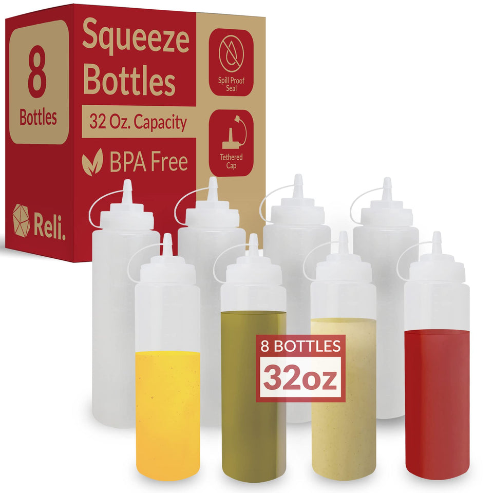 Reli 32oz clear squeeze bottle with tethered cap for precise, spill-free dispensing.
