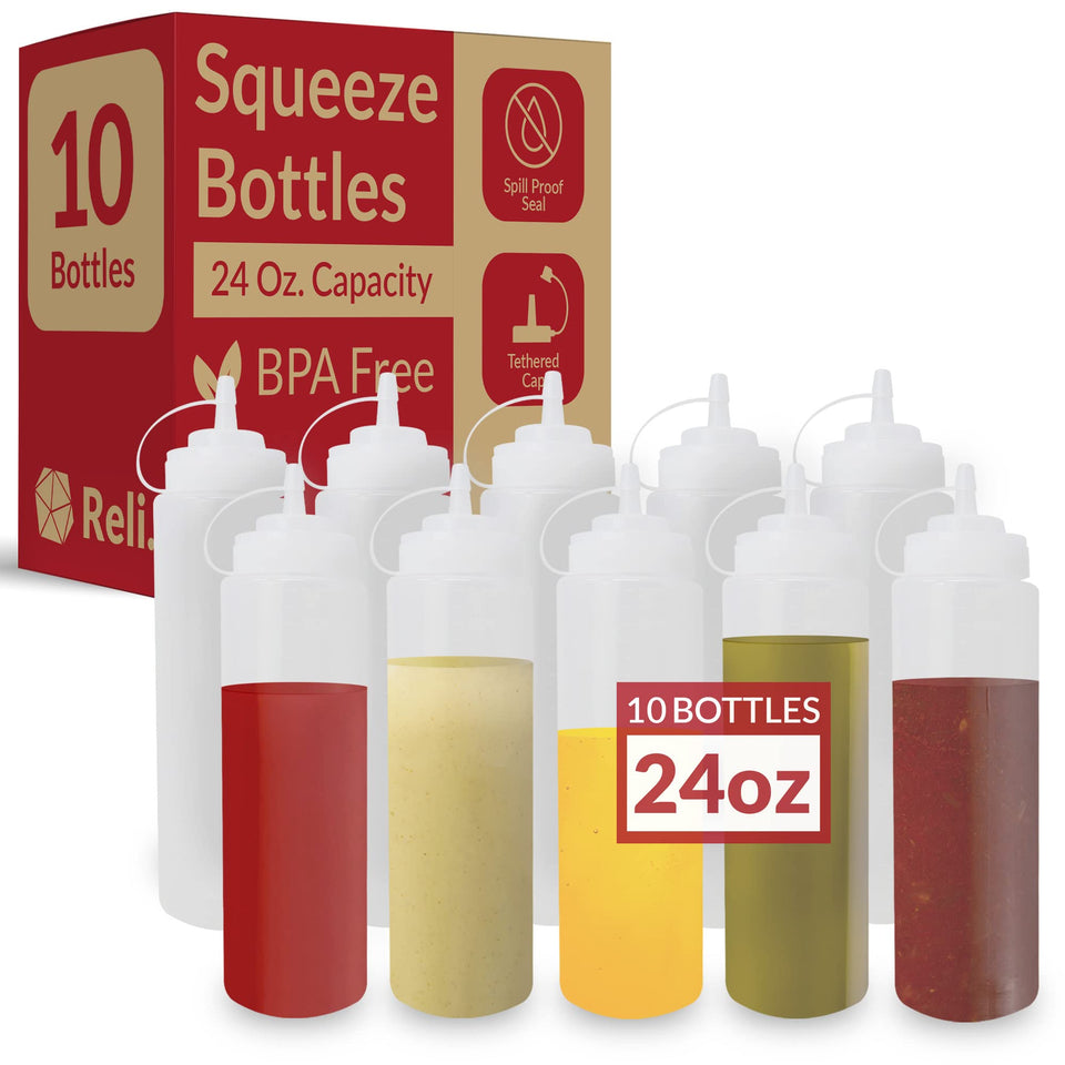 Reli. 24 oz clear squeeze bottle with tethered cap for mess-free sauces.