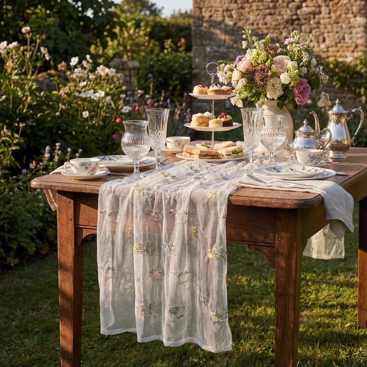 Remagr long floral runner, 9.84 ft, drapes banquet tables with romantic charm