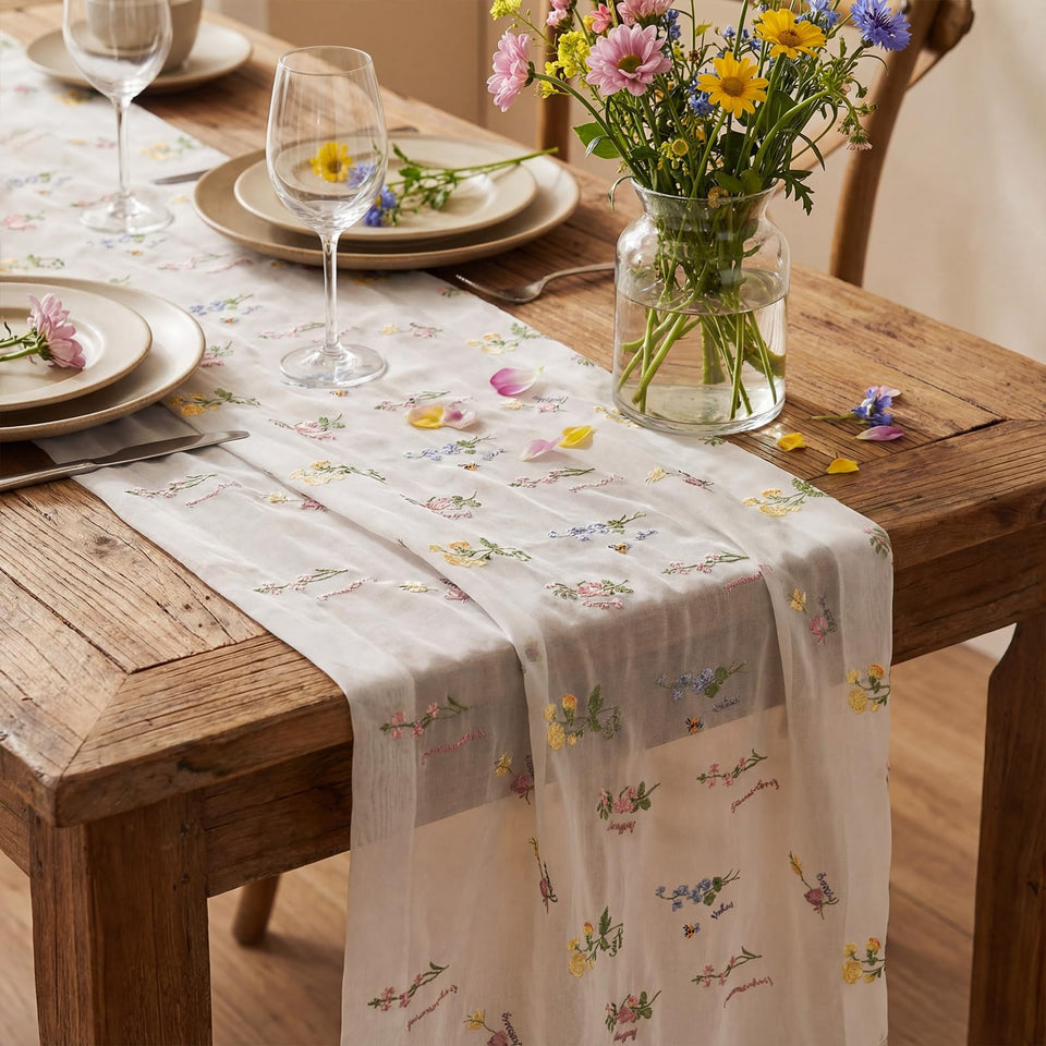 Remagr two-piece floral table runner on a dining table for an elegant event backdrop