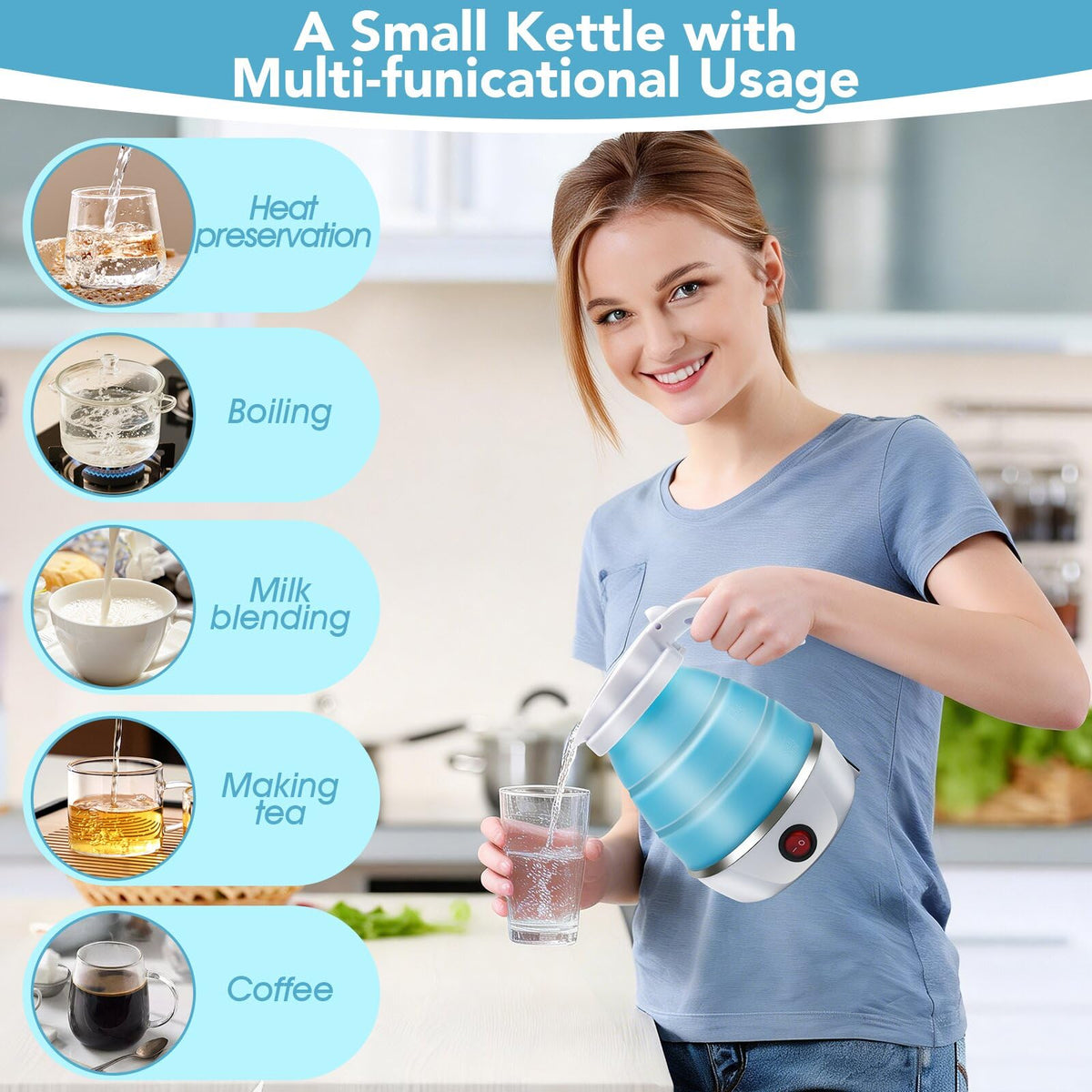 Resgitiati Travel Kettle anti-spill spout prevents drips during pouring.