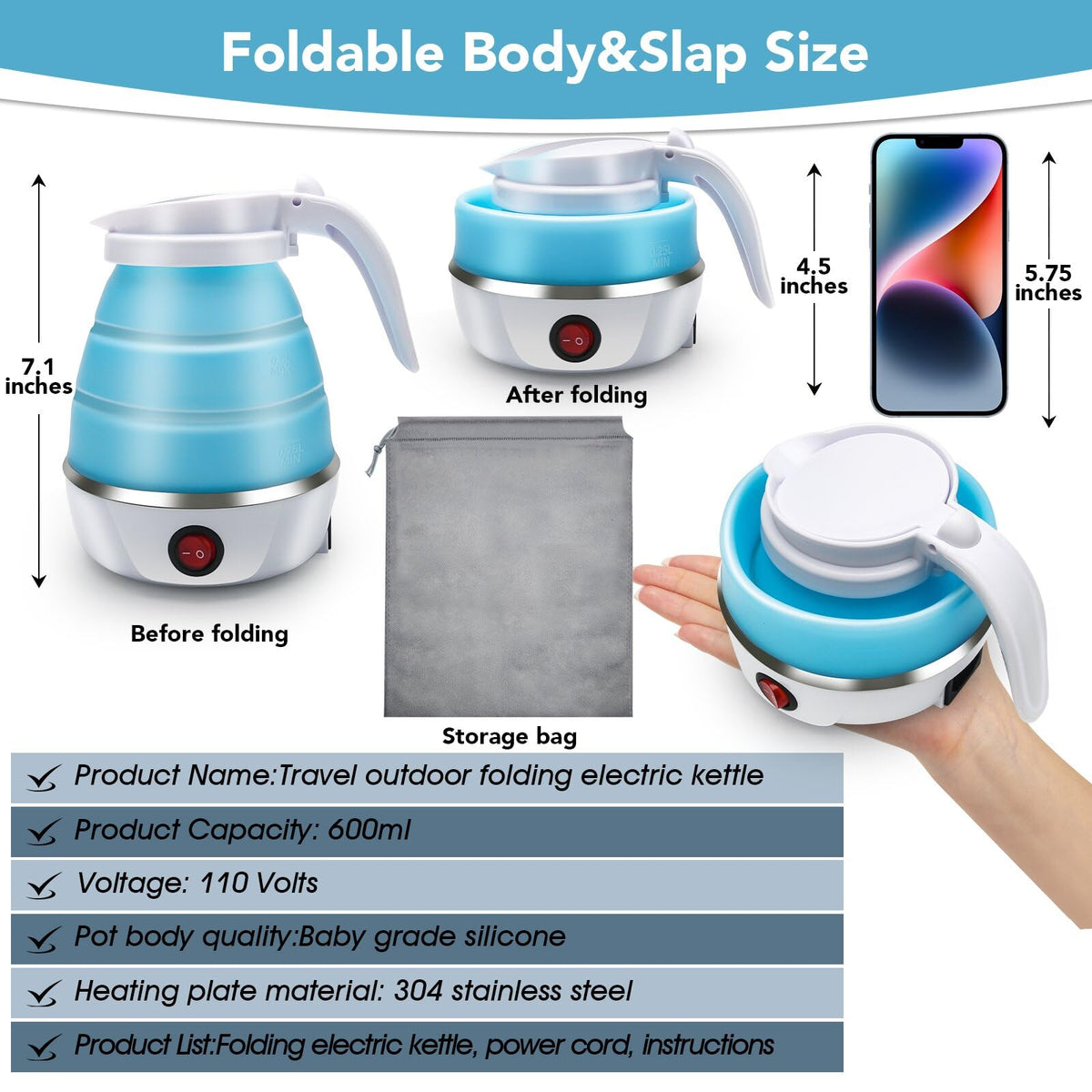 Resgitiati Travel Kettle silicone body for safe, flexible boiling.