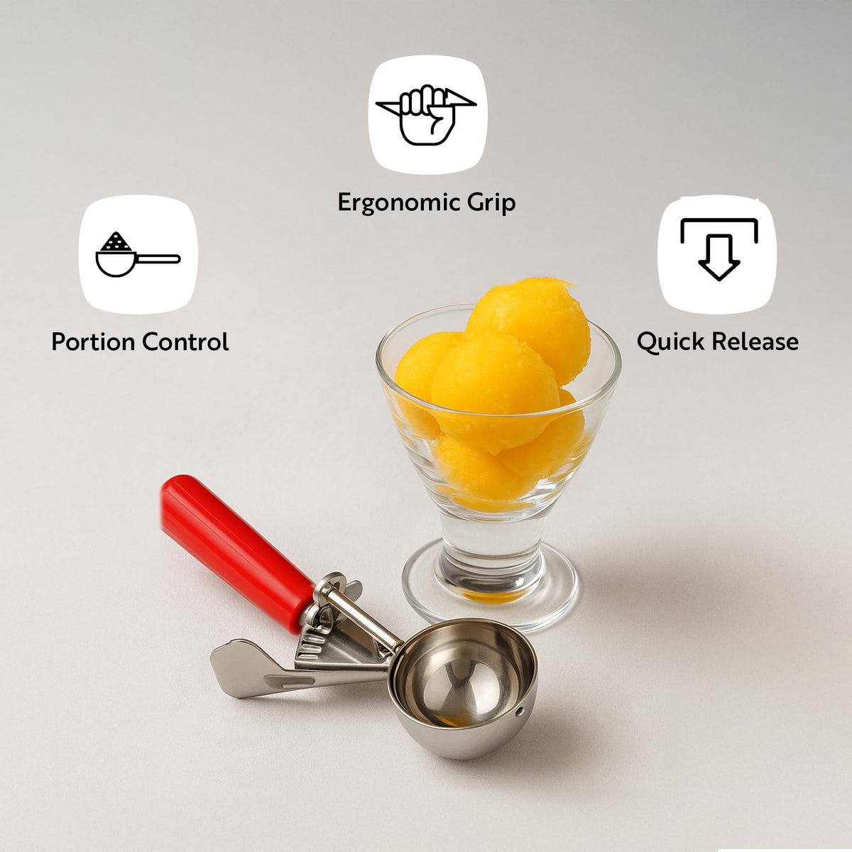 Restaurantware Met Lux orange color-coded scoop aids quick size identification in busy kitchens.