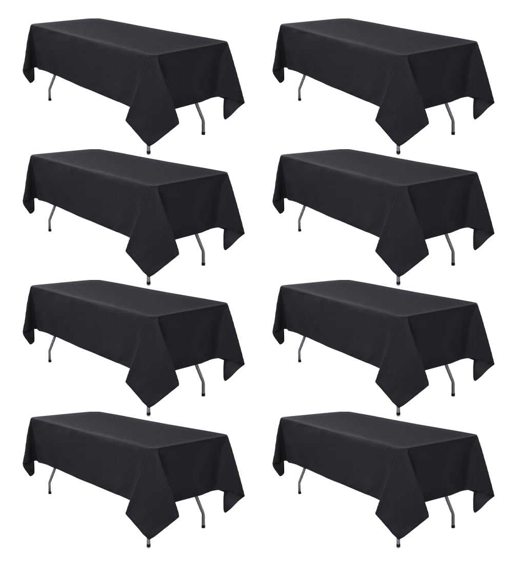 RestfulGlow 8-pack black tablecloths on a banquet table for wedding use