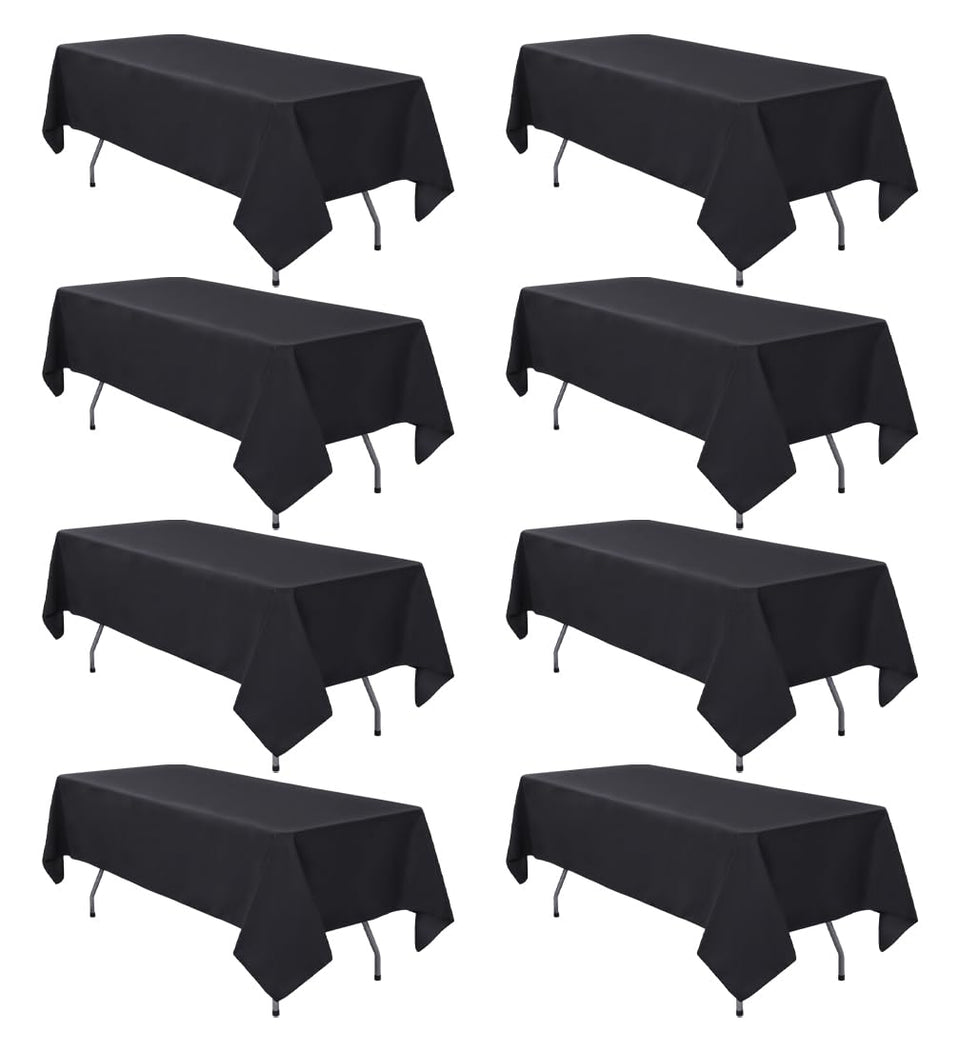 RestfulGlow 8-pack black tablecloths on a banquet table for wedding use